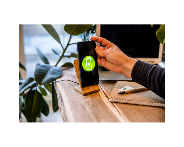 Bambusowa ładowarka bezprzewodowa 10W B'RIGHT, stojak na telefon z logo firmy w LazyStore!