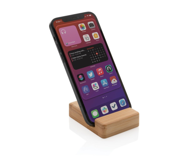 Bambusowy stojak na telefon z logo firmy w LazyStore!