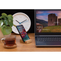 Bambusowy stojak na telefon z logo firmy w LazyStore!