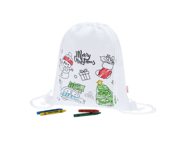 Worek ze sznurkiem do kolorowania, świąteczny wzór, kredki z logo firmy w LazyStore!