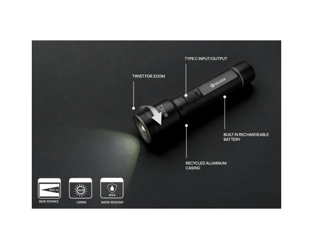 Duża latarka Gear X, ładowana przez USB, aluminium z recyklingu z logo firmy w LazyStore!
