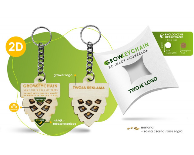 Rosnący brelok 2D z nasionami sosny GROWKEYCHAIN z logo firmy w LazyStore!