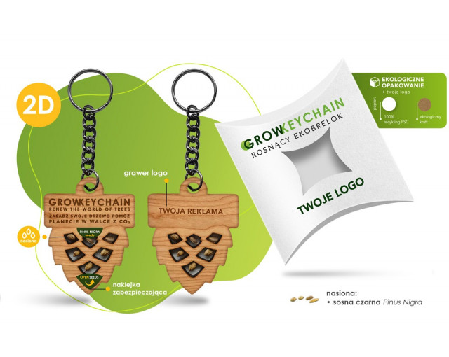 Rosnący brelok 2D z nasionami sosny GROWKEYCHAIN z logo firmy w LazyStore!